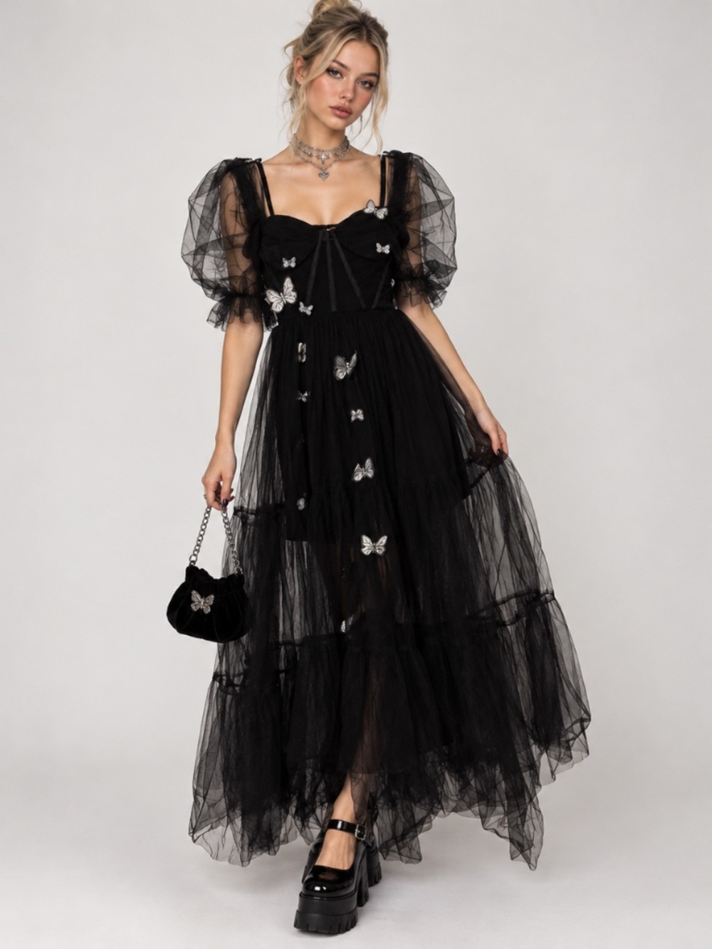 Lace & Beads Black Tulle 3D Butterfly Sheer Corset Maxi Dress Sz 10 Goth Glam